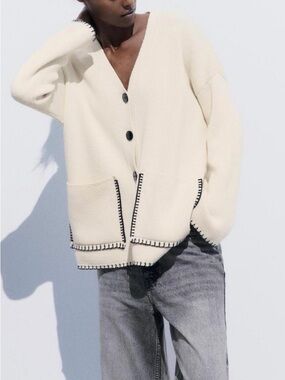 Zara Cream V-Neck Button Cardigan with Contrast Trim